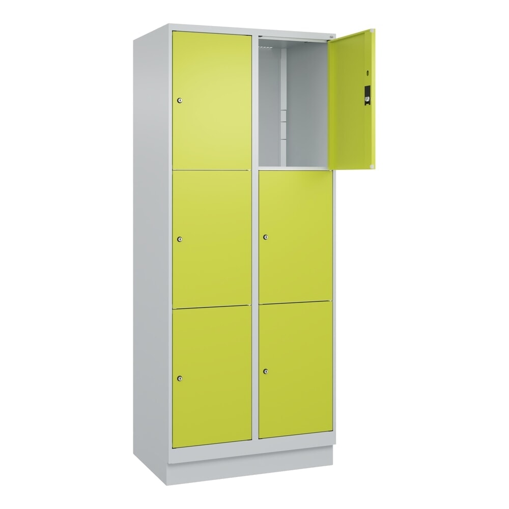 C+P Schliessfachschrank Classic PLUS, Sockel, 2 Abteile, HxBxT 1.950 x 800 x 500 mm, lichtgrau, clowngrün, 6 Fächer, Zylinderschloss