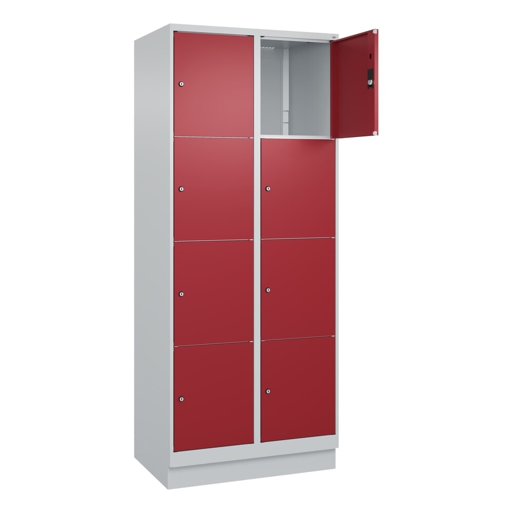 C+P Schliessfachschrank Classic PLUS, Sockel, 2 Abteile, HxBxT 1.950 x 800 x 500 mm, lichtgrau, rubinrot, 8 Fächer, Zylinderschloss