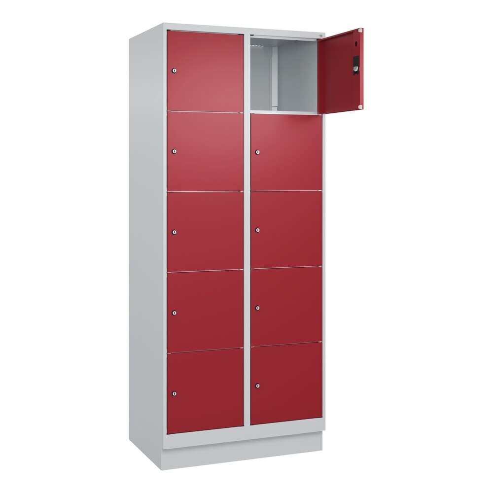 C+P Schliessfachschrank Classic PLUS, Sockel, 2 Abteile, HxBxT 1.950 x 800 x 500 mm, lichtgrau, rubinrot, 10 Fächer, Zylinderschloss