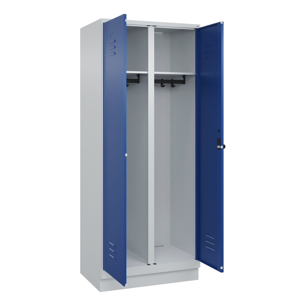 C+P Schwarz-Weiss-Spind Classic PLUS, Sockel, 2 Abteile, HxBxT 1.950 x 800 x 500 mm, lichtgrau, enzianblau, für Vorhängeschloss