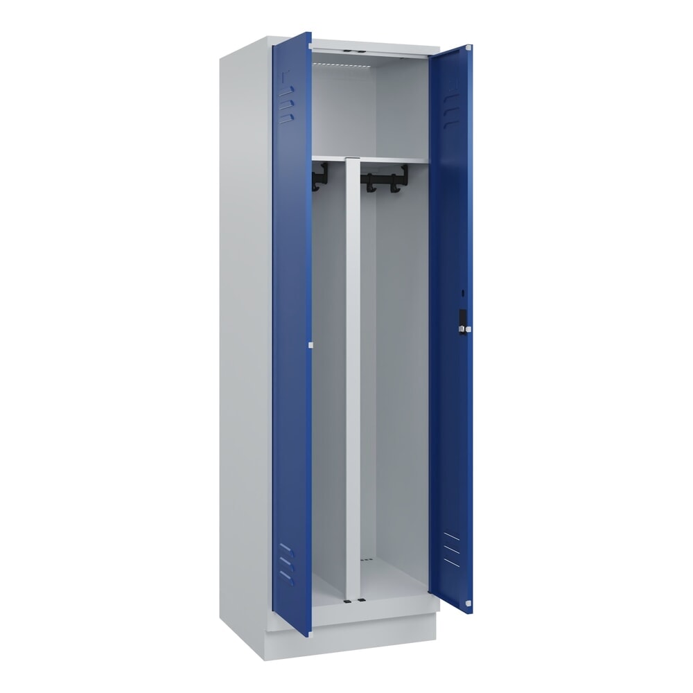 C+P PSA Doppel-Spind Classic PLUS, Sockel, 2 Abteile, HxBxT 1.950 x 600 x 500 mm, lichtgrau, enzianblau, Zylinderschloss