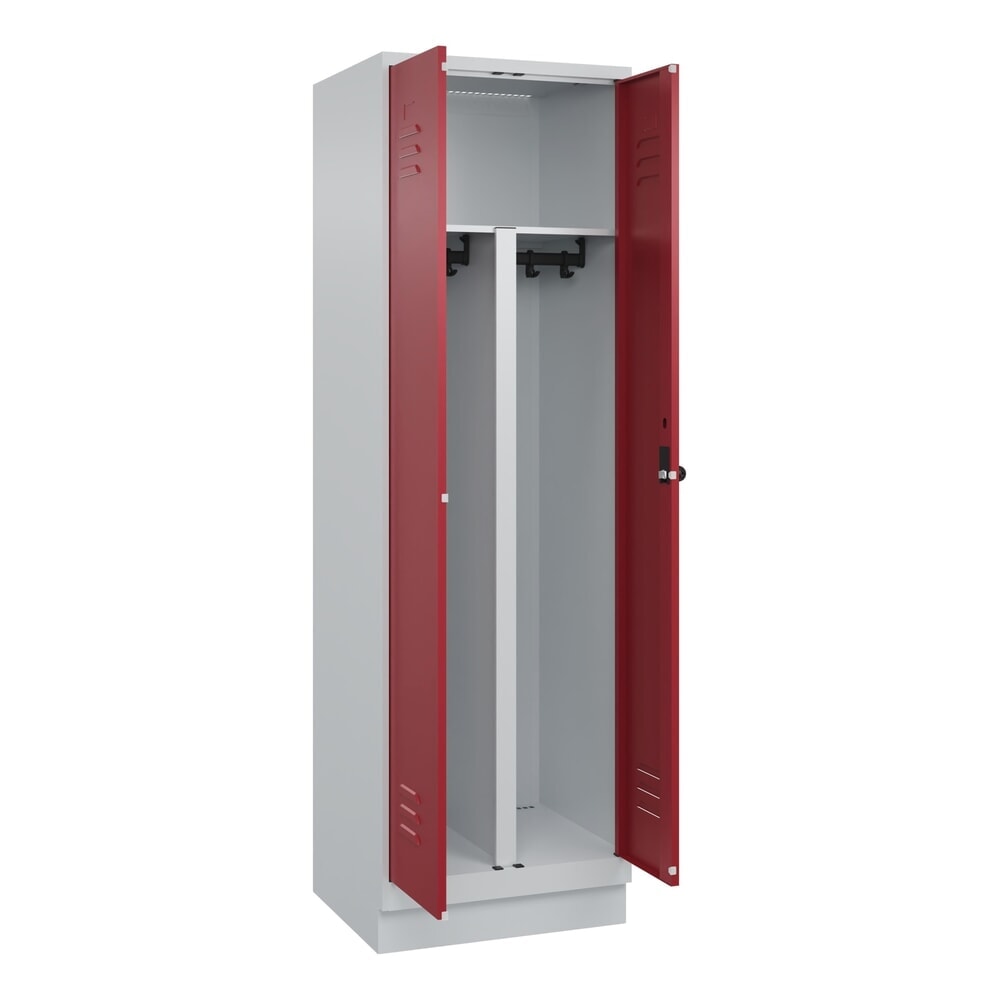 C+P PSA Doppel-Spind Classic PLUS, Sockel, 2 Abteile, HxBxT 1.950 x 600 x 500 mm, lichtgrau, rubinrot, für Vorhängeschloss
