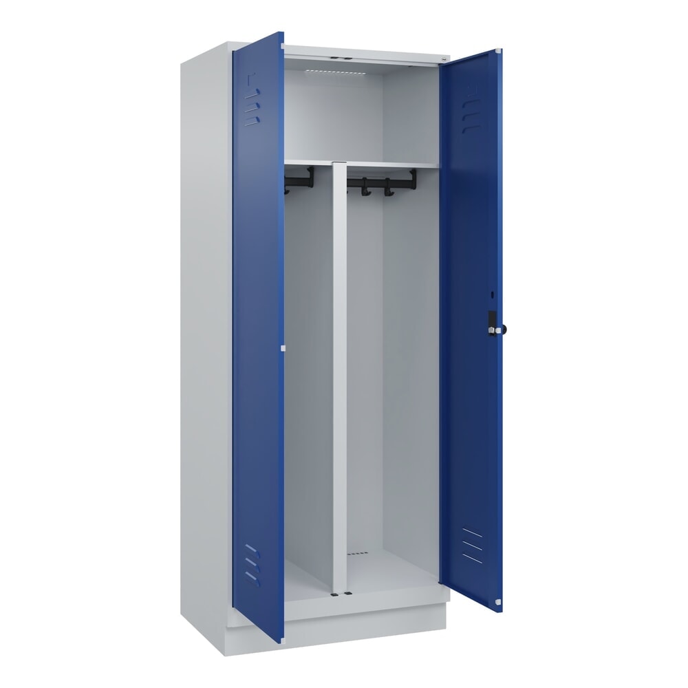 C+P PSA Doppel-Spind Classic PLUS, Sockel, 2 Abteile, HxBxT 1.950 x 800 x 500 mm, lichtgrau, enzianblau, für Vorhängeschloss