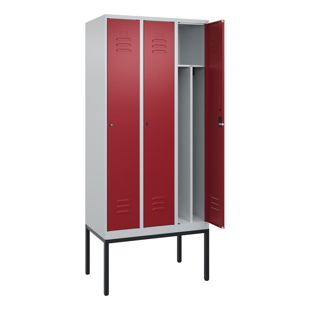 C+P Spind Classic PLUS, Gestell, 3 Abteile, HxBxT 2.120 x 900 x 500 mm, lichtgrau, rubinrot, Zylinderschloss, mit Mitteltrennwand