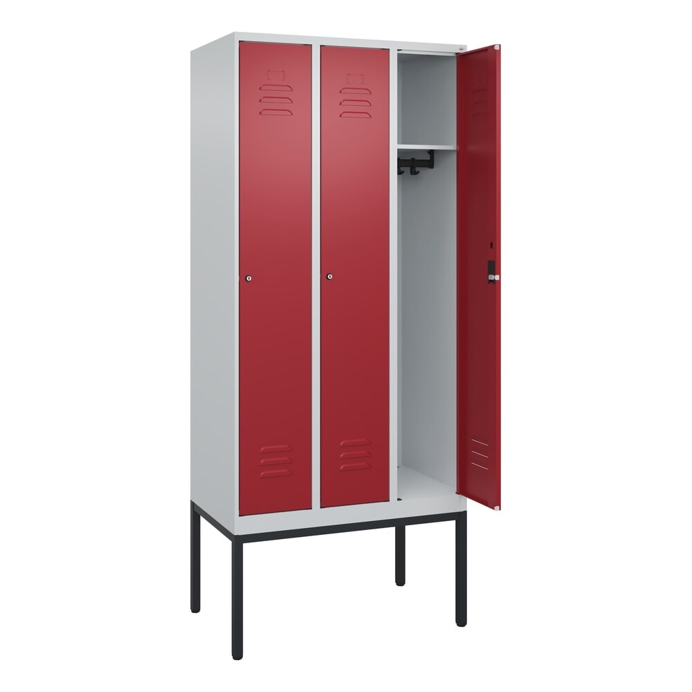C+P Spind Classic PLUS, Gestell, 3 Abteile, HxBxT 2.120 x 900 x 500 mm, lichtgrau, rubinrot, Zylinderschloss, ohne Mitteltrennwand