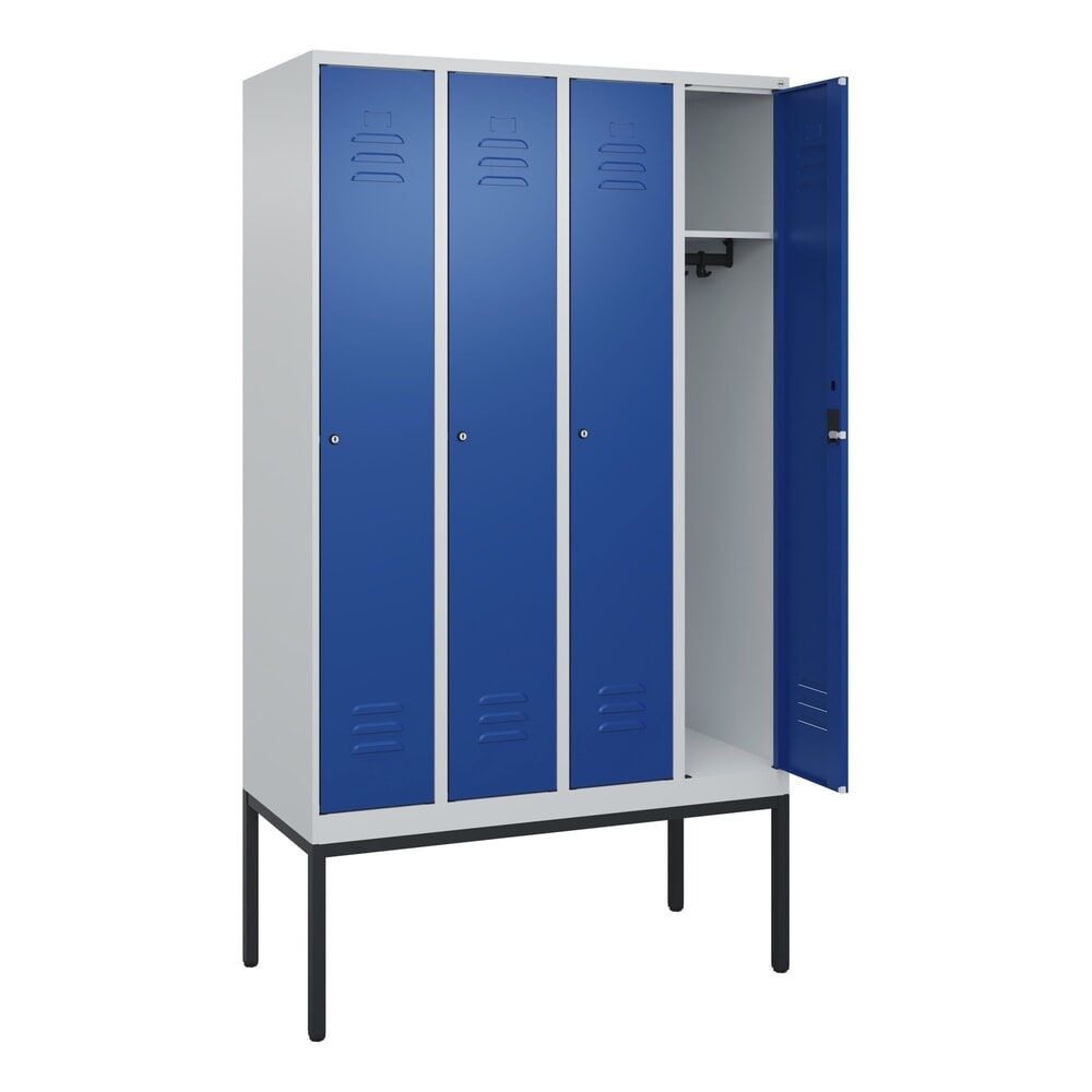 C+P Spind Classic PLUS, Gestell, 4 Abteile, HxBxT 2.120 x 1.200 x 500 mm, lichtgrau, enzianblau, Zylinderschloss, ohne Mitteltrennwand