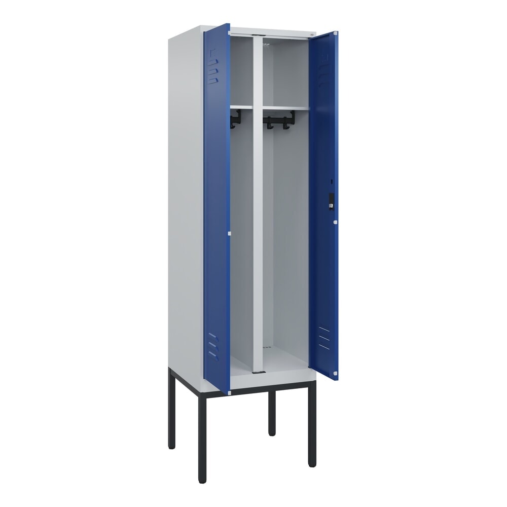 C+P Schwarz-Weiß-Spind Classic PLUS, Gestell, 2 Abteile, HxBxT 2.120 x 600 x 500 mm, lichtgrau, enzianblau, Zylinderschloss
