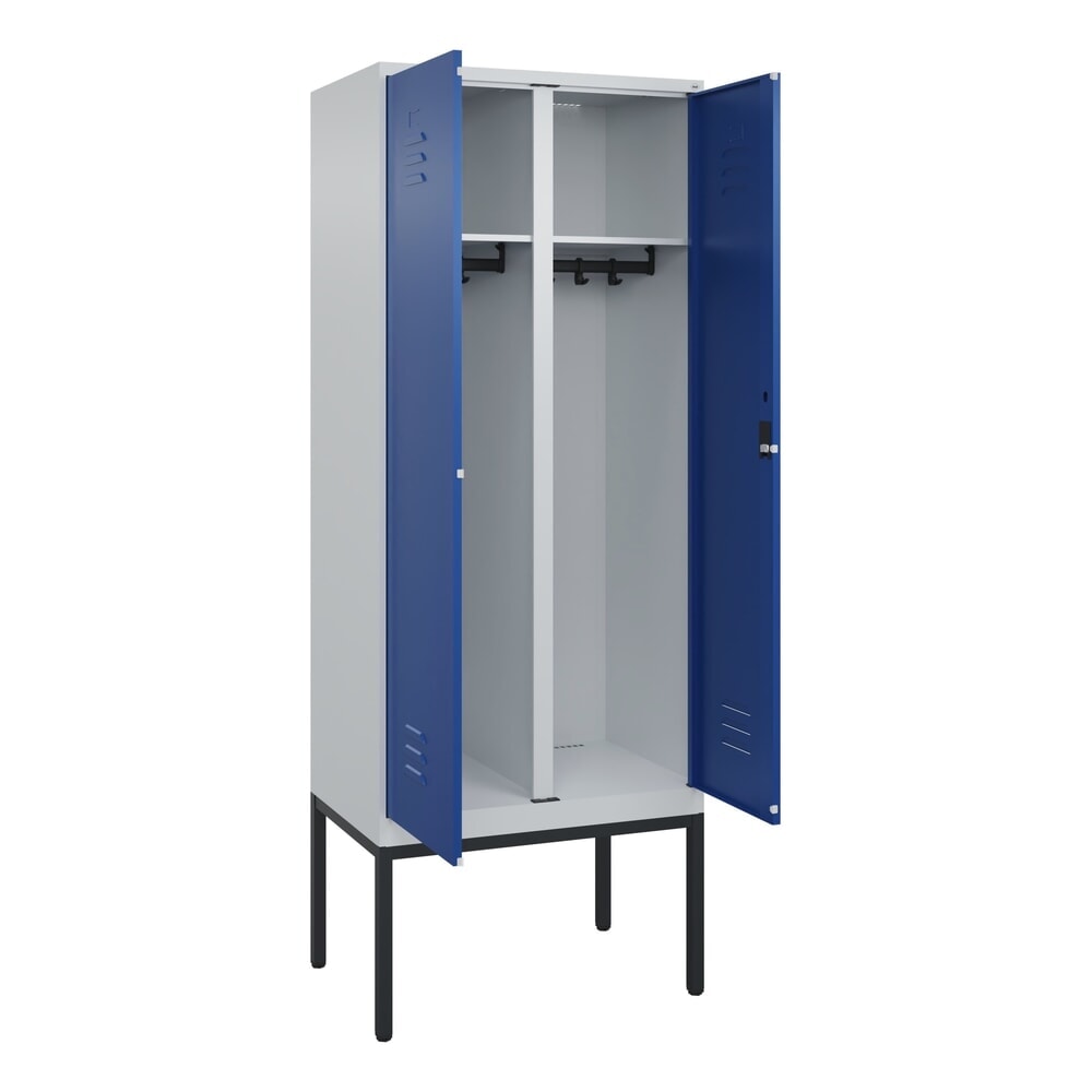 C+P Schwarz-Weiss-Spind Classic PLUS, Gestell, 2 Abteile, HxBxT 2.120 x 800 x 500 mm, lichtgrau, enzianblau, Zylinderschloss