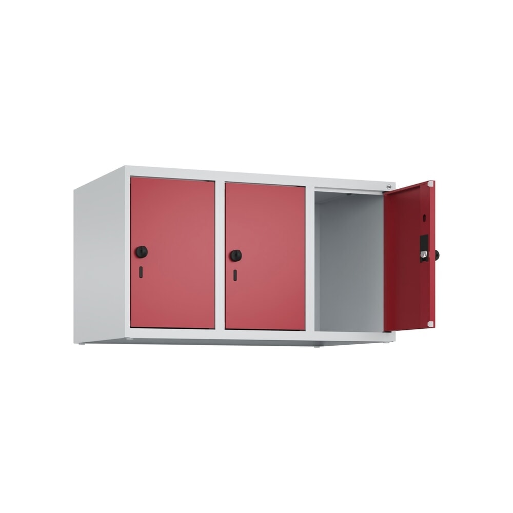C+P Aufsatzschrank für Kleiderspind Serie Classic PLUS, 3 Abteile Breite 300 mm, lichtgrau, rubinrot, für Vorhängeschloss