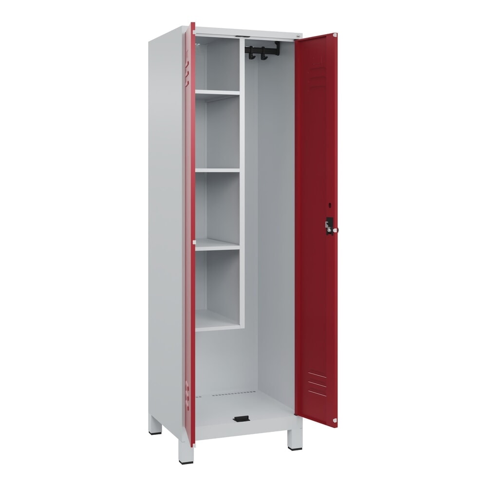 C+P Putzmittel-Spind Classic PLUS, Füsse, 2 Abteile, HxBxT 1.950 x 600 x 500 mm, lichtgrau, rubinrot, für Vorhängeschloss