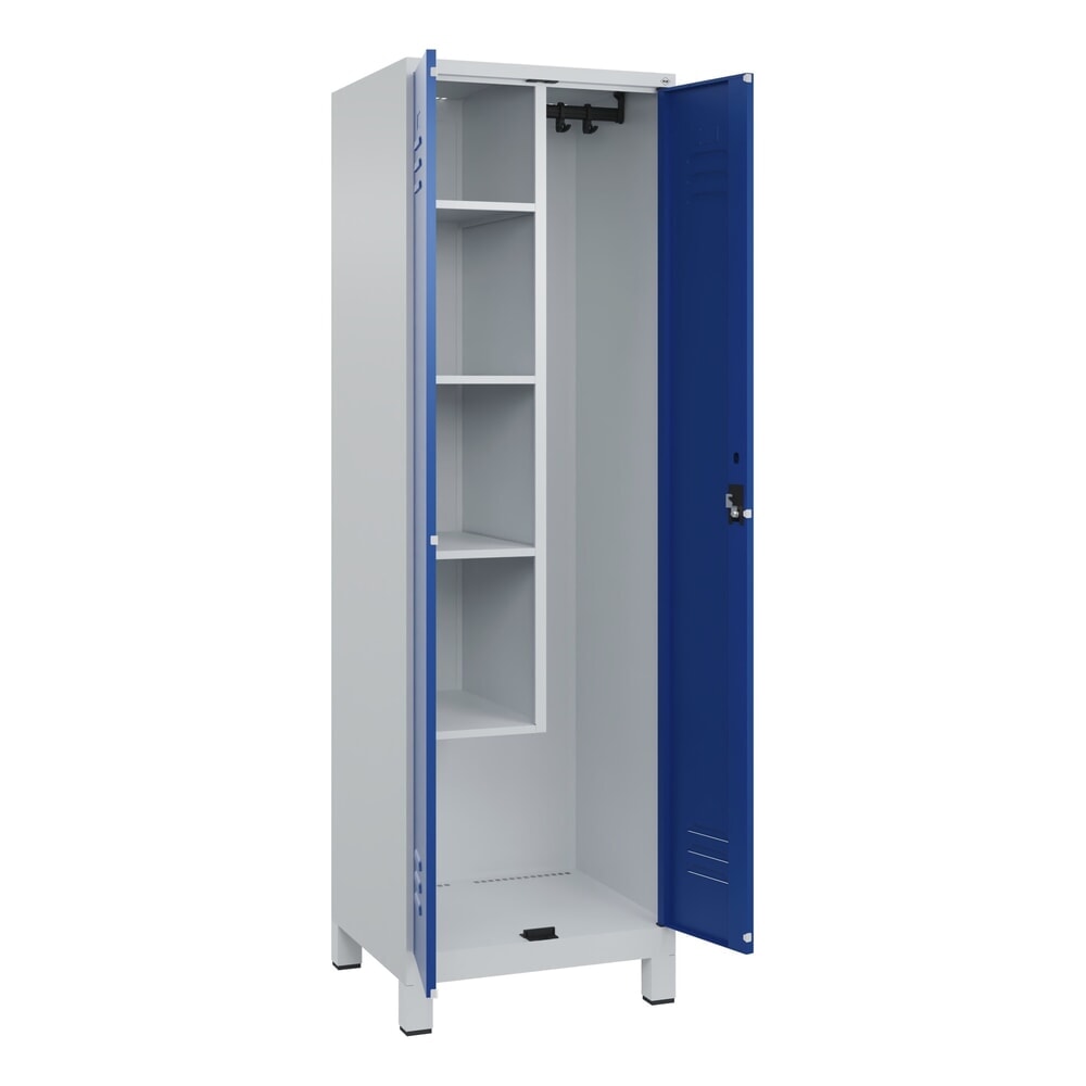 C+P Putzmittel-Spind Classic PLUS, Füsse, 2 Abteile, HxBxT 1.950 x 600 x 500 mm, lichtgrau, enzianblau, Zylinderschloss