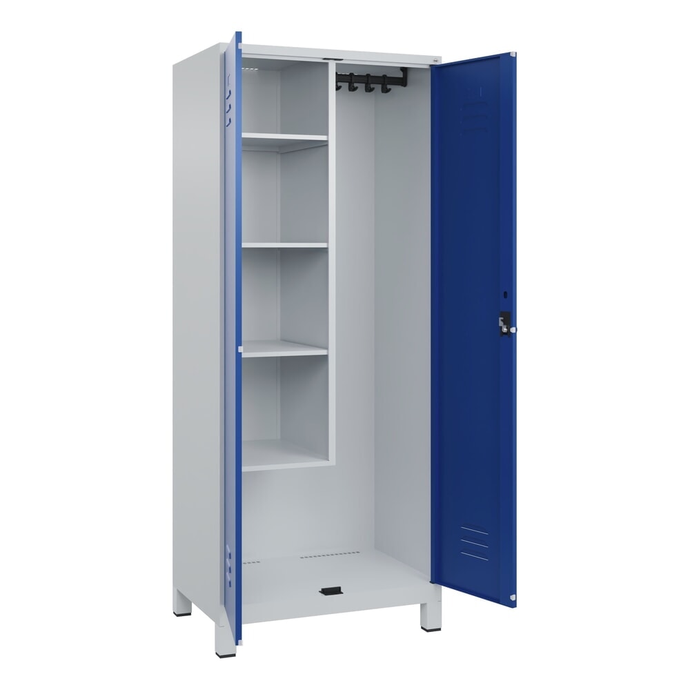 C+P Putzmittel-Spind Classic PLUS, Füsse, 2 Abteile, HxBxT 1.950 x 800 x 500 mm, lichtgrau, enzianblau, für Vorhängeschloss