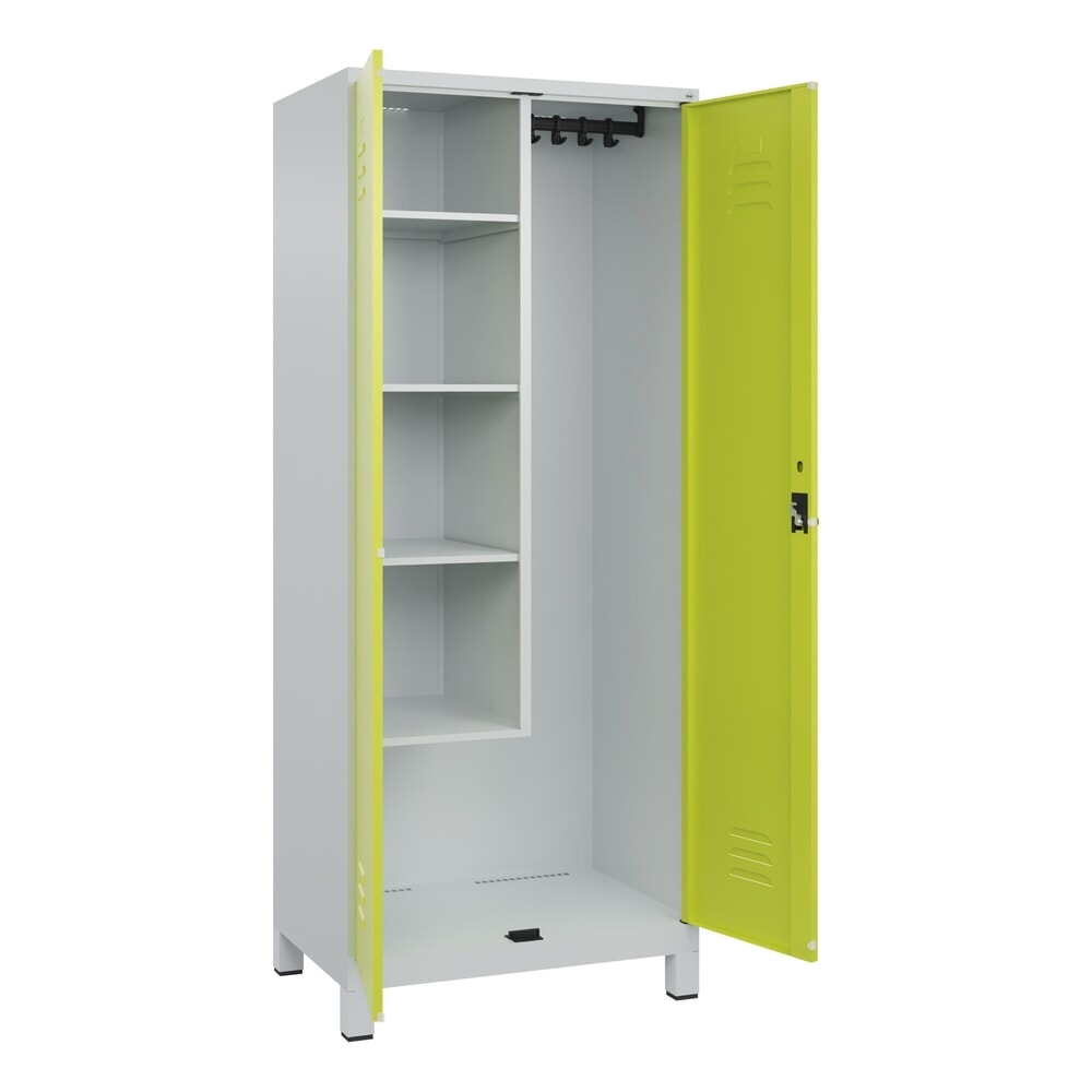 C+P Putzmittel-Spind Classic PLUS, Füsse, 2 Abteile, HxBxT 1.950 x 800 x 500 mm, lichtgrau, clowngrün, für Vorhängeschloss