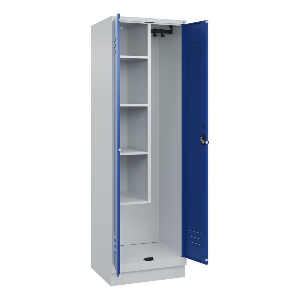 C+P Putzmittel-Spind Classic PLUS, Sockel, 2 Abteile, HxBxT 1.950 x 600 x 500 mm, lichtgrau, enzianblau, für Vorhängeschloss