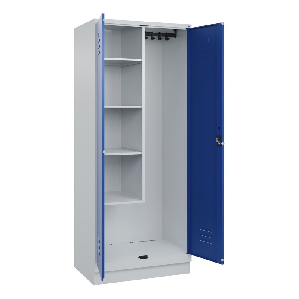 C+P Putzmittel-Spind Classic PLUS, Sockel, 2 Abteile, HxBxT 1.950 x 800 x 500 mm, lichtgrau, enzianblau, für Vorhängeschloss