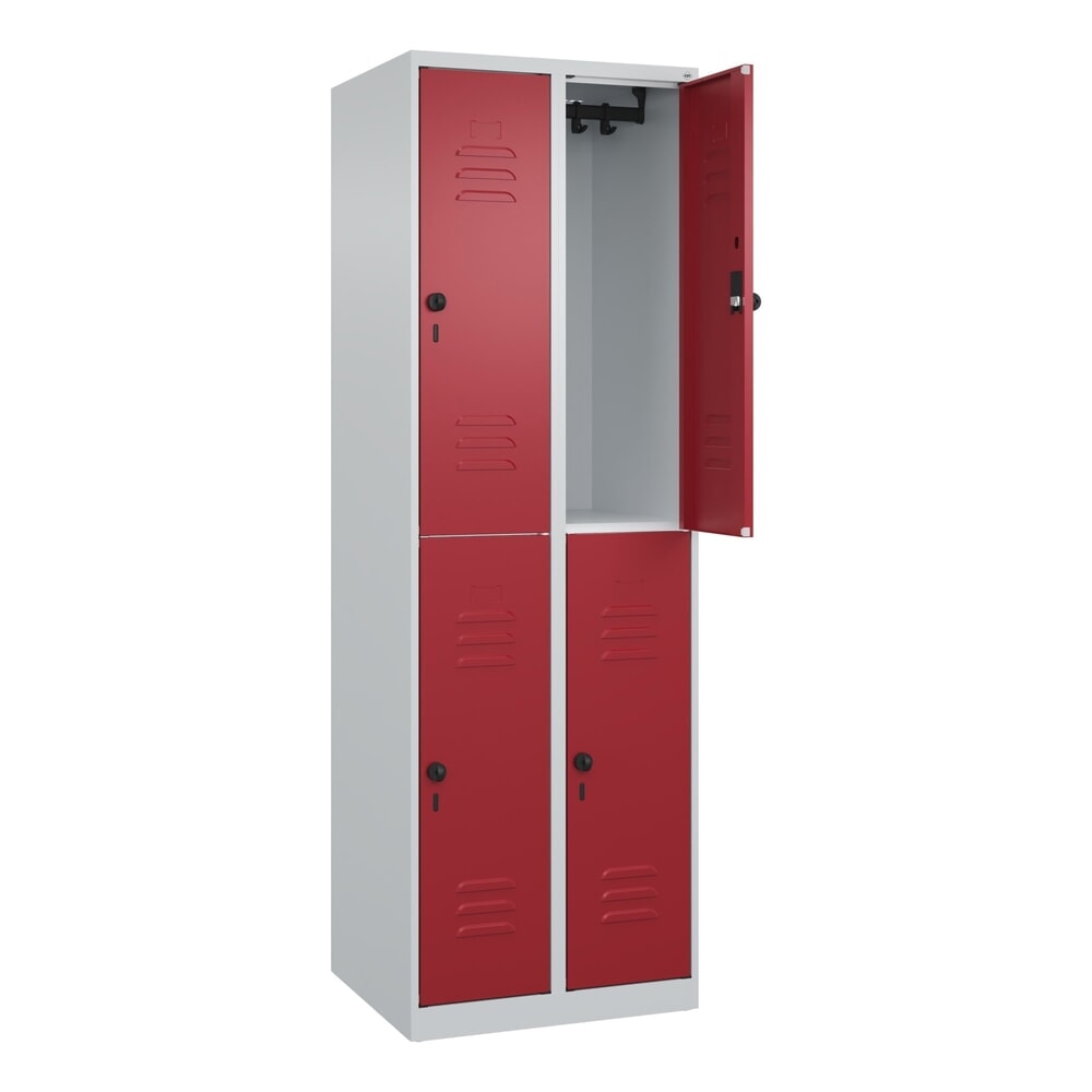 C+P Doppelstock-Spind Classic PLUS, 2 Abteile, HxBxT 1.850 x 600 x 500 mm, lichtgrau, rubinrot, für Vorhängeschloss, 4 Fächer