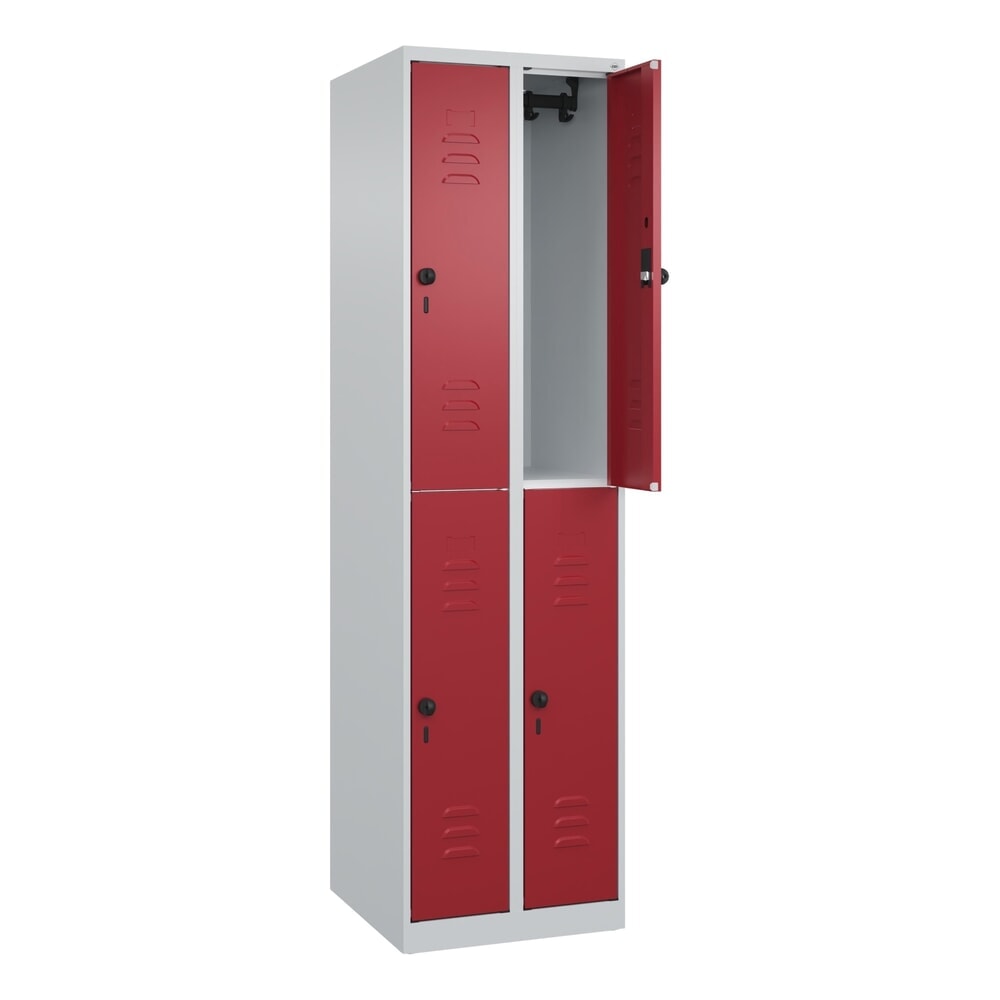 C+P Doppelstock-Spind Classic PLUS, 2 Abteile, HxBxT 1.850 x 500 x 500 mm, lichtgrau, rubinrot, für Vorhängeschloss, 4 Fächer