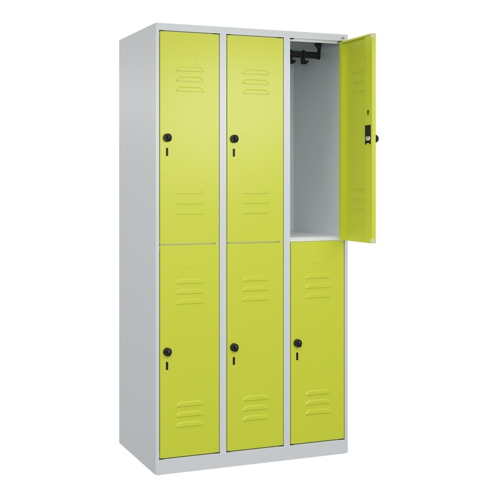 C+P Doppelstock-Spind Classic PLUS, 3 Abteile, HxBxT 1.850 x 900 x 500 mm, lichtgrau, clowngrün, für Vorhängeschloss, 6 Fächer