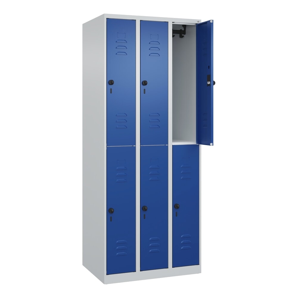 C+P Doppelstock-Spind Classic PLUS, 3 Abteile, HxBxT 1.850 x 750 x 500 mm, lichtgrau, enzianblau, für Vorhängeschloss, 6 Fächer
