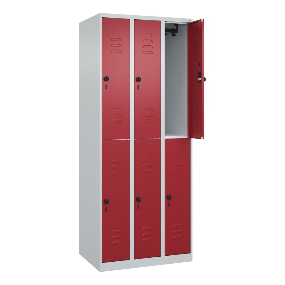 C+P Doppelstock-Spind Classic PLUS, 3 Abteile, HxBxT 1.850 x 750 x 500 mm, lichtgrau, rubinrot, für Vorhängeschloss, 6 Fächer