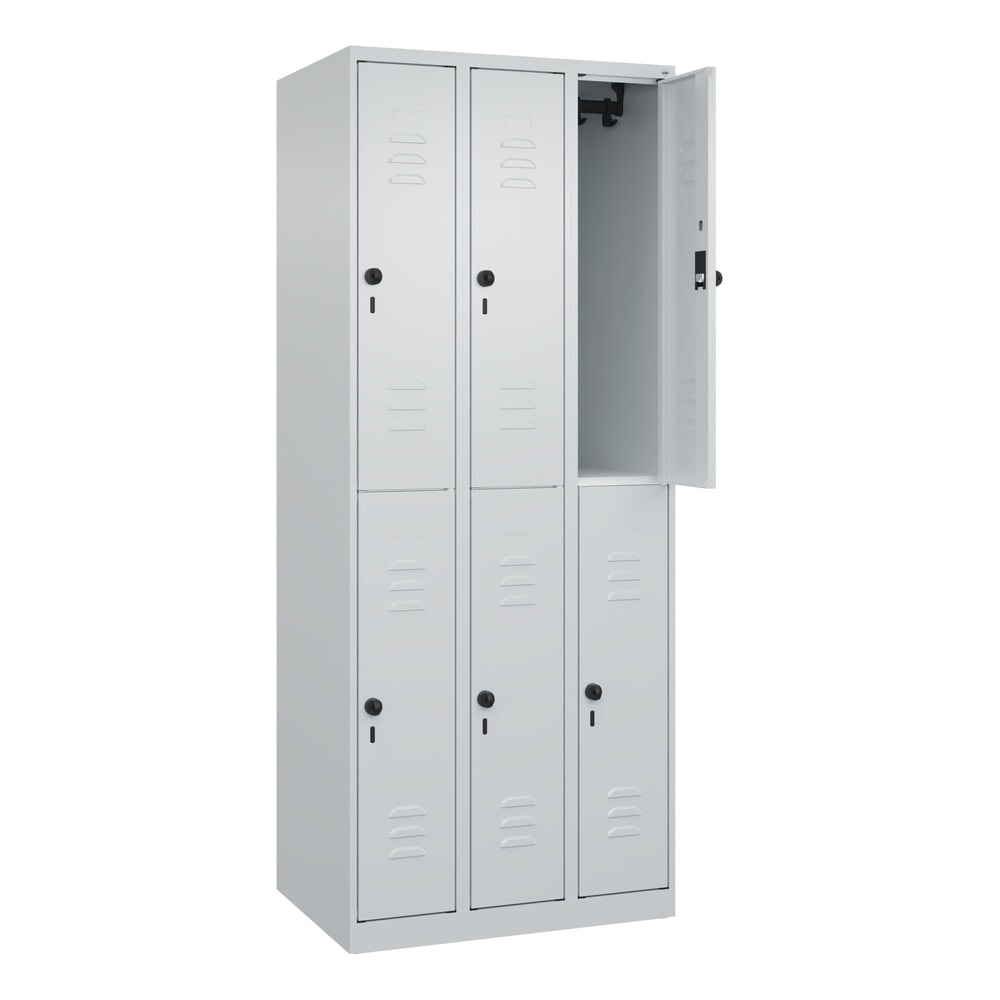 C+P Doppelstock-Spind Classic PLUS, 3 Abteile, HxBxT 1.850 x 750 x 500 mm, lichtgrau, lichtgrau, für Vorhängeschloss, 6 Fächer