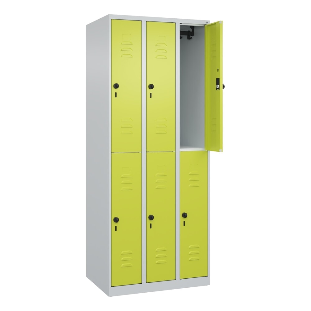 C+P Doppelstock-Spind Classic PLUS, 3 Abteile, HxBxT 1.850 x 750 x 500 mm, lichtgrau, clowngrün, für Vorhängeschloss, 6 Fächer