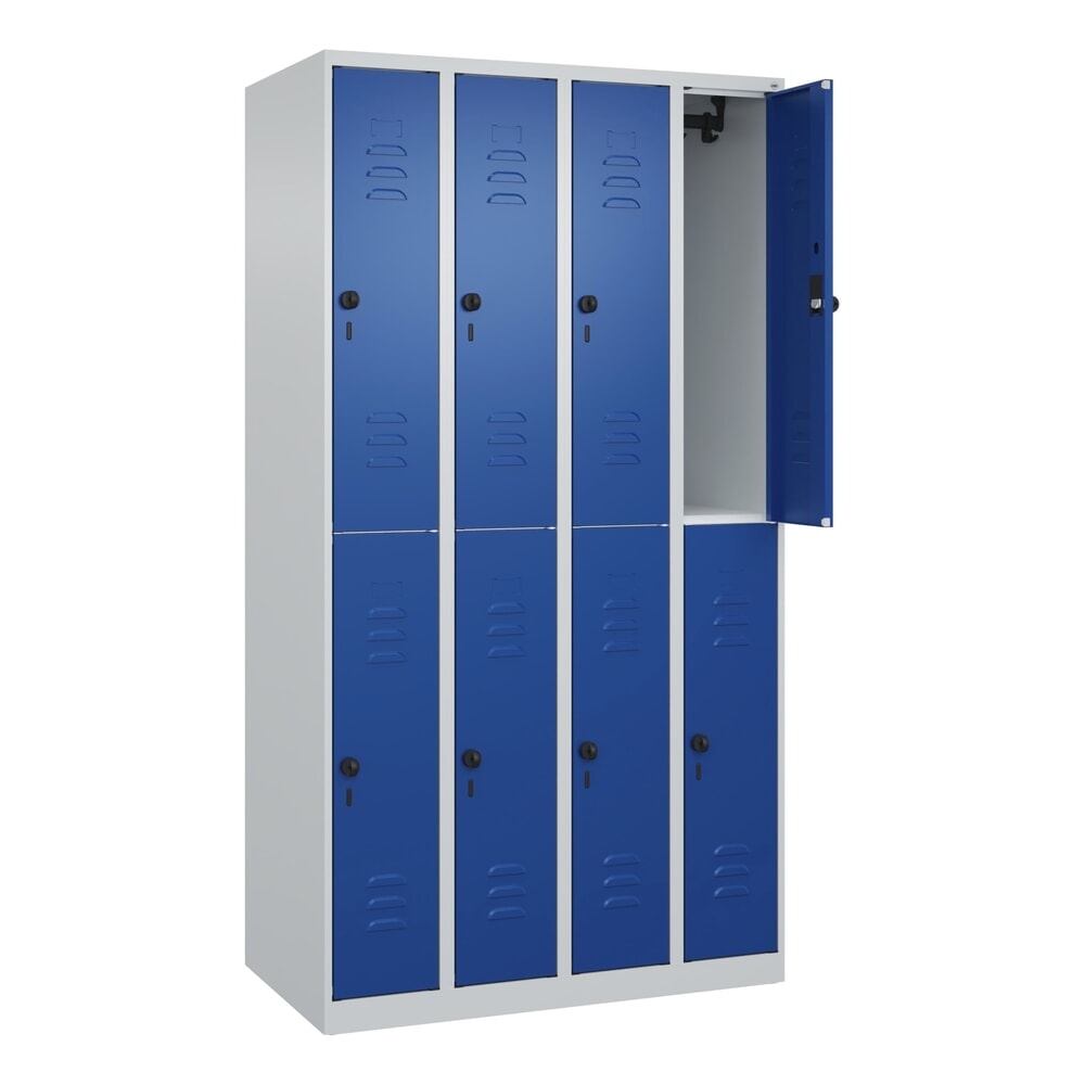 C+P Doppelstock-Spind Classic PLUS, 4 Abteile, HxBxT 1.850 x 1.000 x 500 mm, lichtgrau, enzianblau, für Vorhängeschloss, 8 Fächer