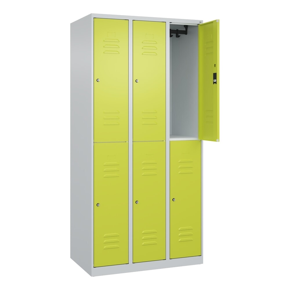 C+P Doppelstock-Spind Classic PLUS, 3 Abteile, HxBxT 1.850 x 900 x 500 mm, lichtgrau, clowngrün, Zylinderschloss, 6 Fächer