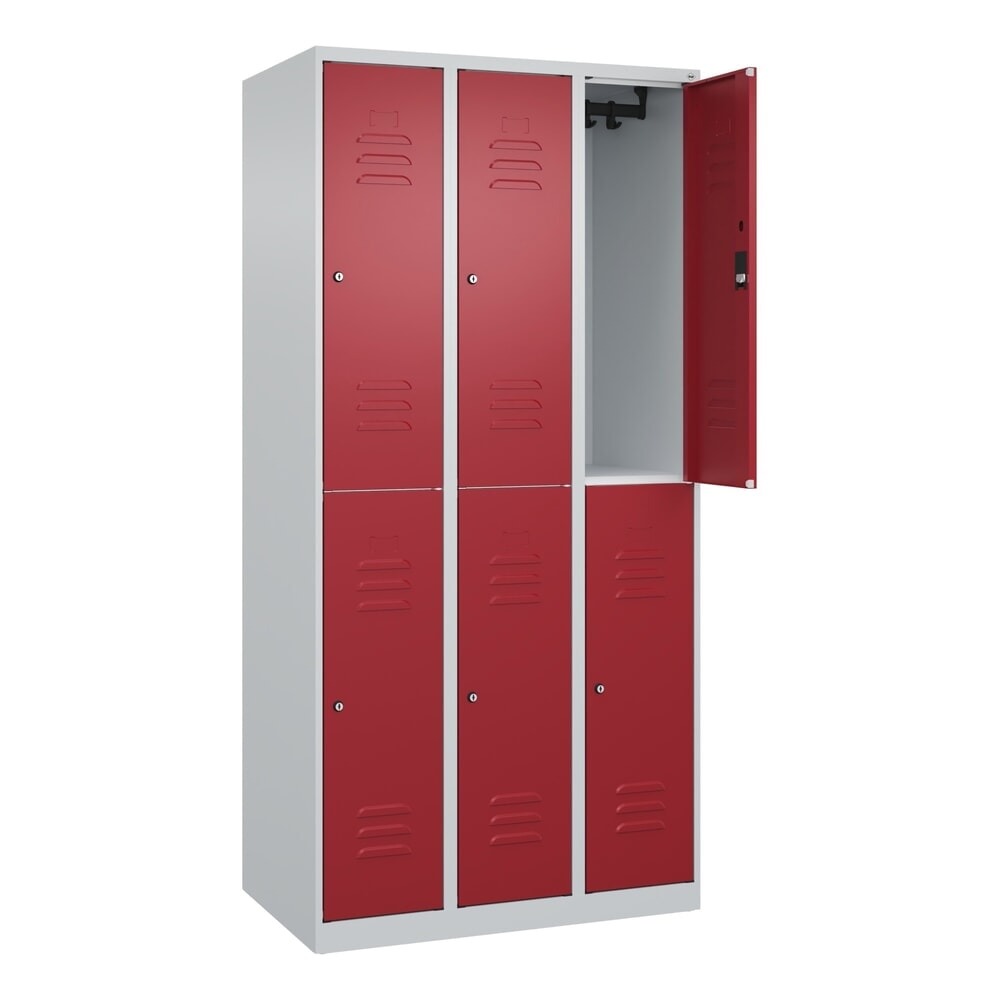 C+P Doppelstock-Spind Classic PLUS, 3 Abteile, HxBxT 1.850 x 900 x 500 mm, lichtgrau, rubinrot, Zylinderschloss, 6 Fächer