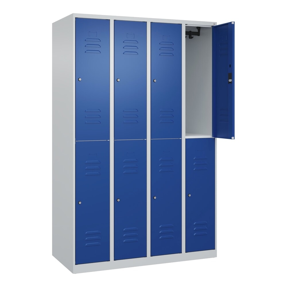 C+P Doppelstock-Spind Classic PLUS, 4 Abteile, HxBxT 1.850 x 1.200 x 500 mm, lichtgrau, enzianblau, Zylinderschloss, 8 Fächer