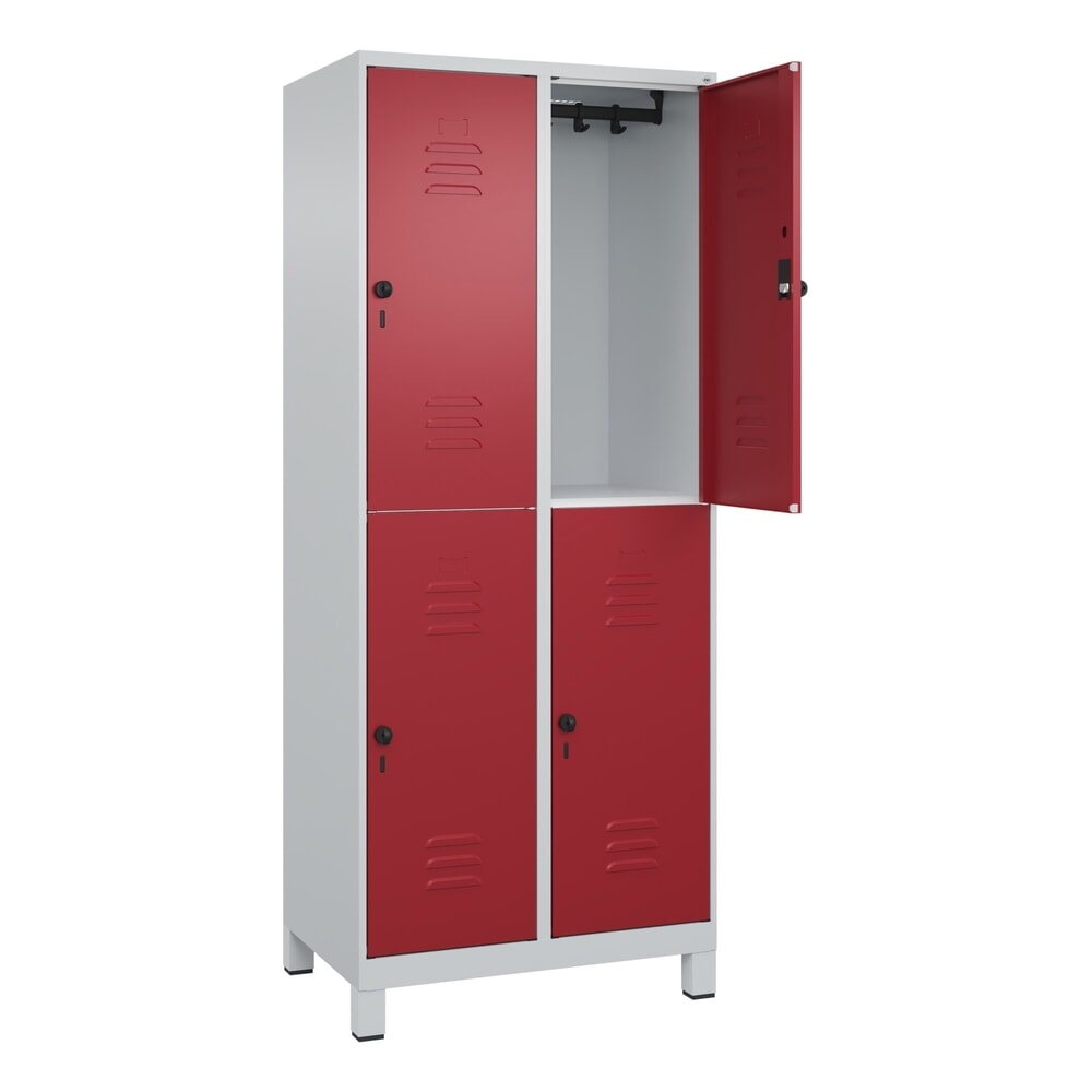 C+P Doppelstock-Spind Classic PLUS, Füsse, 2 Abteile, HxBxT 1.950 x 800 x 500 mm, lichtgrau, rubinrot, 4 Fächer, für Vorhängeschloss