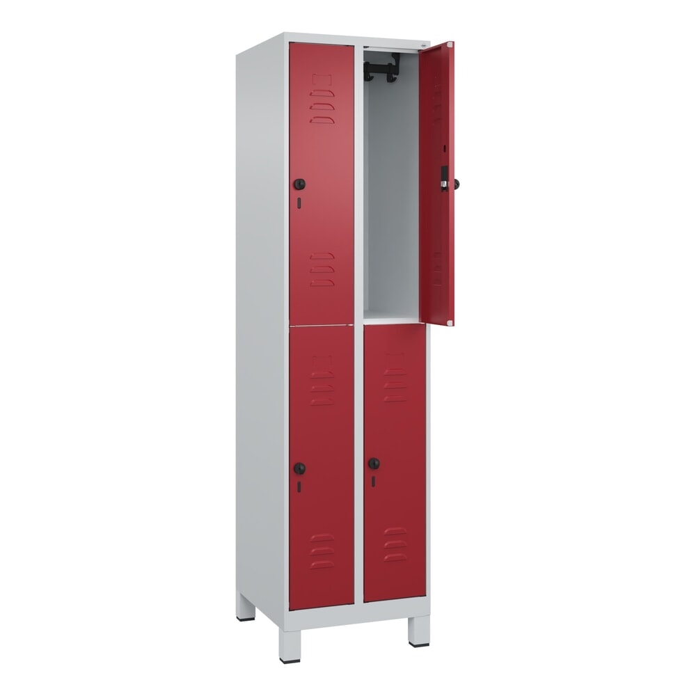 C+P Doppelstock-Spind Classic PLUS, Füsse, 2 Abteile, HxBxT 1.950 x 500 x 500 mm, lichtgrau, rubinrot, 4 Fächer, für Vorhängeschloss