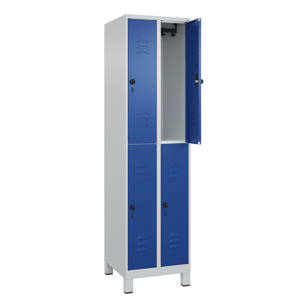 C+P Doppelstock-Spind Classic PLUS, Füße, 2 Abteile, HxBxT 1.950 x 500 x 500 mm, lichtgrau, enzianblau, 4 Fächer, für Vorhängeschloss