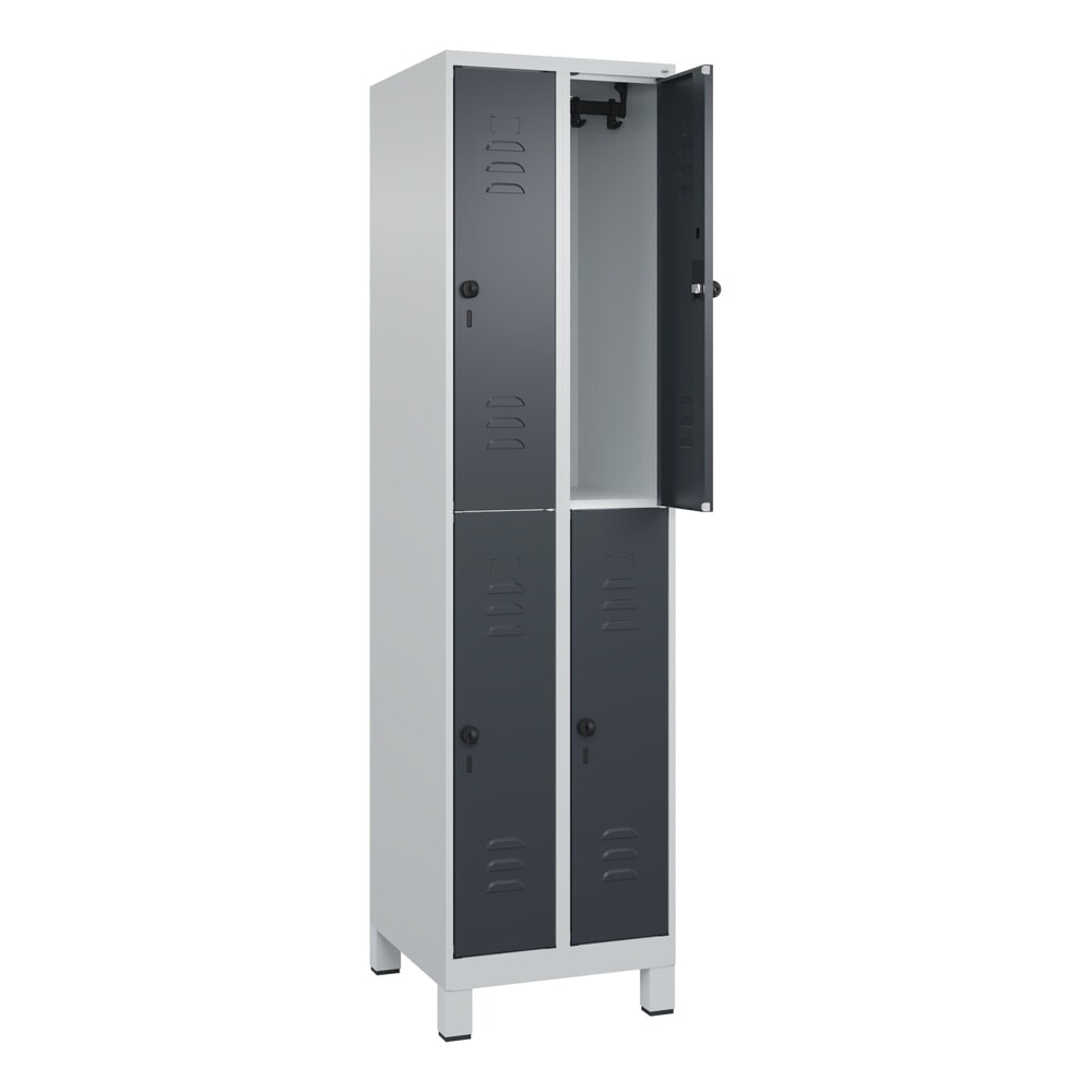 C+P Doppelstock-Spind Classic PLUS, Füsse, 2 Abteile, HxBxT 1.950 x 500 x 500 mm, lichtgrau, anthrazitgrau, 4 Fächer, für Vorhängeschloss