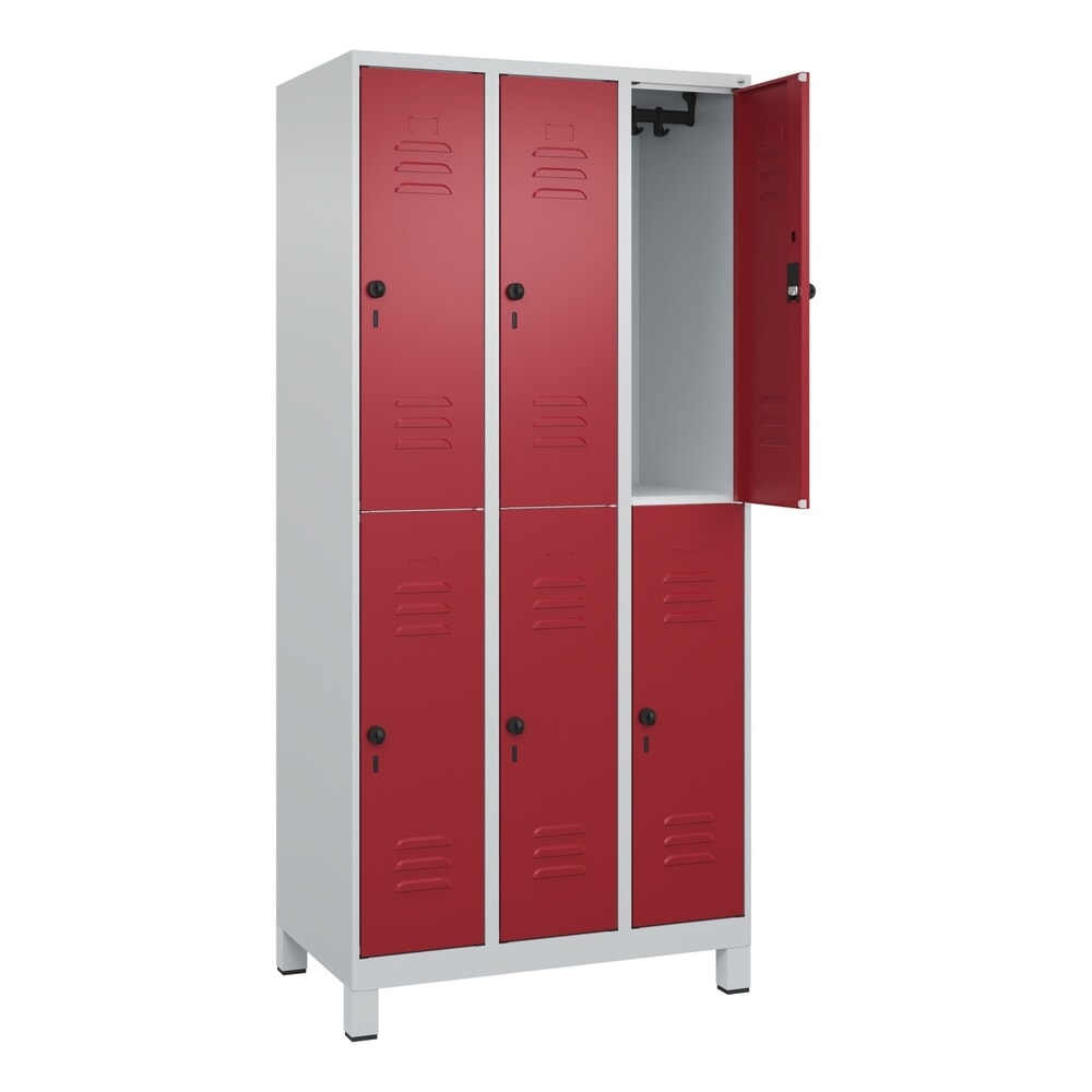 C+P Doppelstock-Spind Classic PLUS, Füsse, 3 Abteile, HxBxT 1.950 x 900 x 500 mm, lichtgrau, rubinrot, 6 Fächer, für Vorhängeschloss