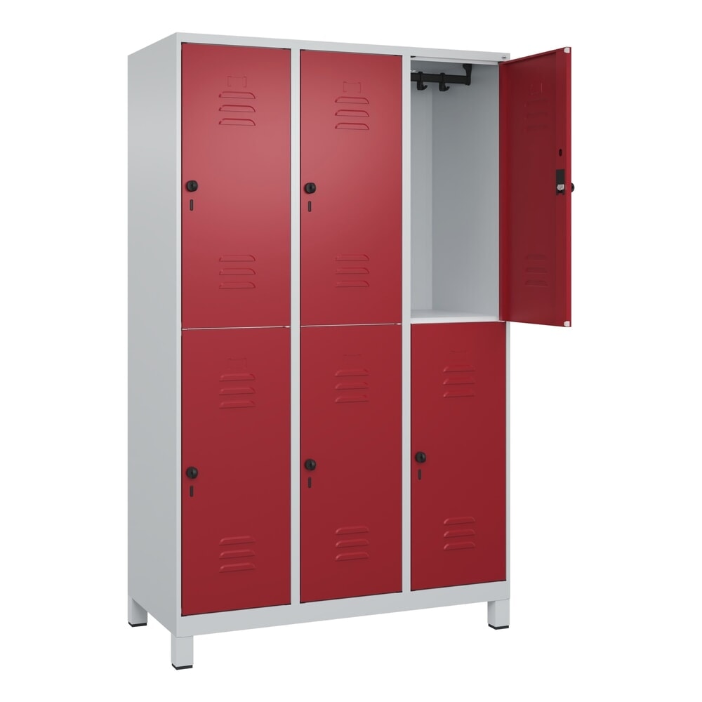 C+P Doppelstock-Spind Classic PLUS, Füsse, 3 Abteile, HxBxT 1.950 x 1.200 x 500 mm, lichtgrau, rubinrot, 6 Fächer, für Vorhängeschloss