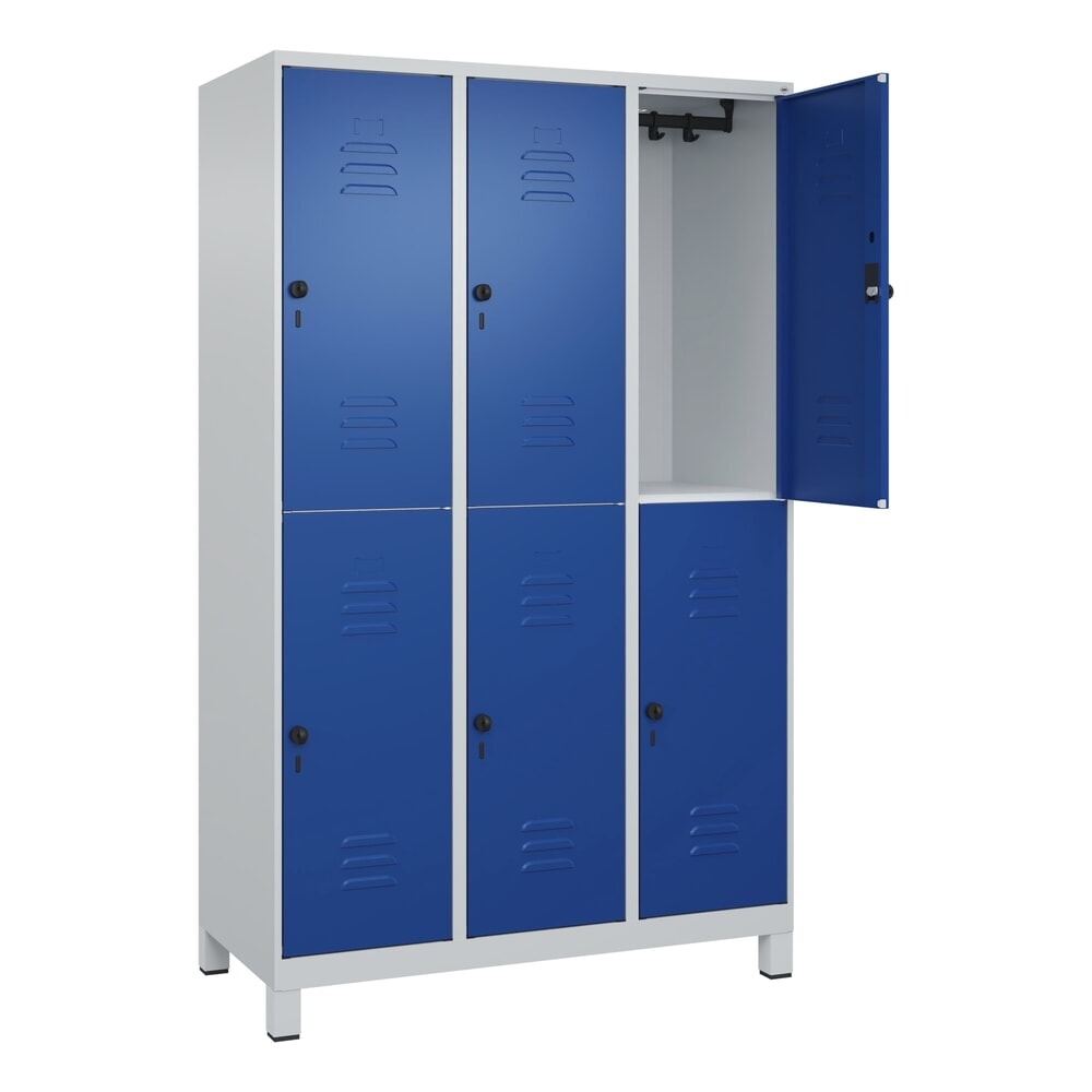 C+P Doppelstock-Spind Classic PLUS, Füsse, 3 Abteile, HxBxT 1.950 x 1.200 x 500 mm, lichtgrau, enzianblau, 6 Fächer, für Vorhängeschloss