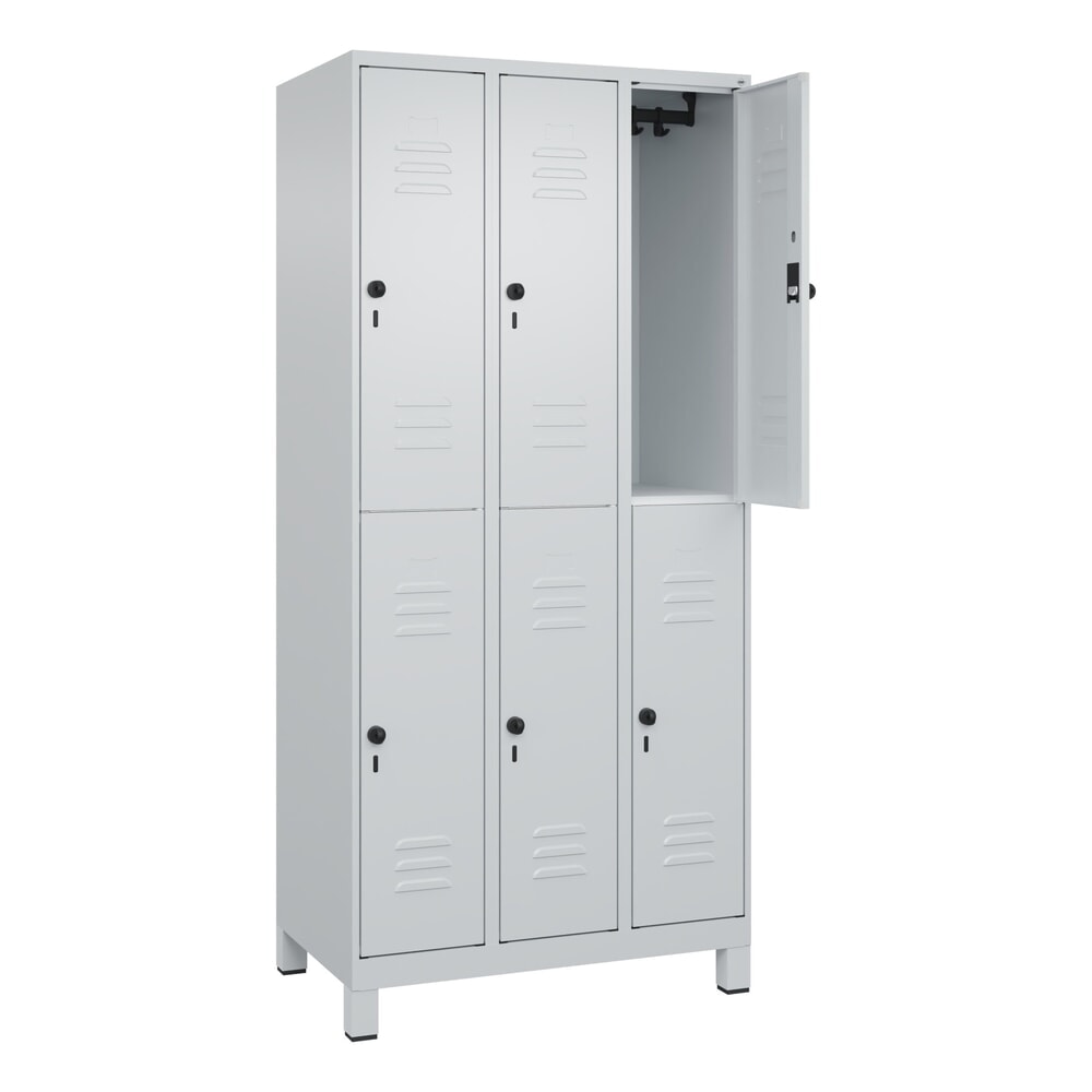 C+P Doppelstock-Spind Classic PLUS, Füsse, 3 Abteile, HxBxT 1.950 x 900 x 500 mm, lichtgrau, lichtgrau, 6 Fächer, für Vorhängeschloss