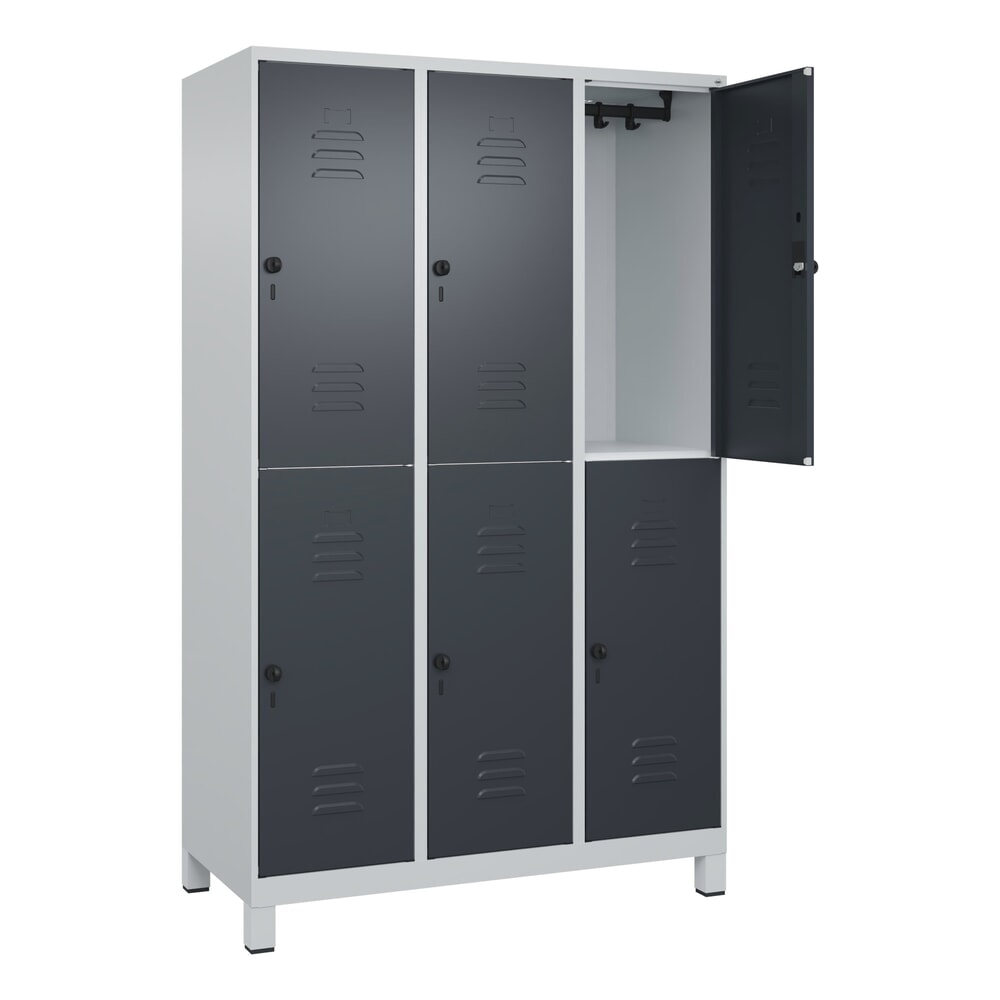 C+P Doppelstock-Spind Classic PLUS, Füsse, 3 Abteile, HxBxT 1.950 x 1.200 x 500 mm, lichtgrau, anthrazitgrau, 6 Fächer, für Vorhängeschloss