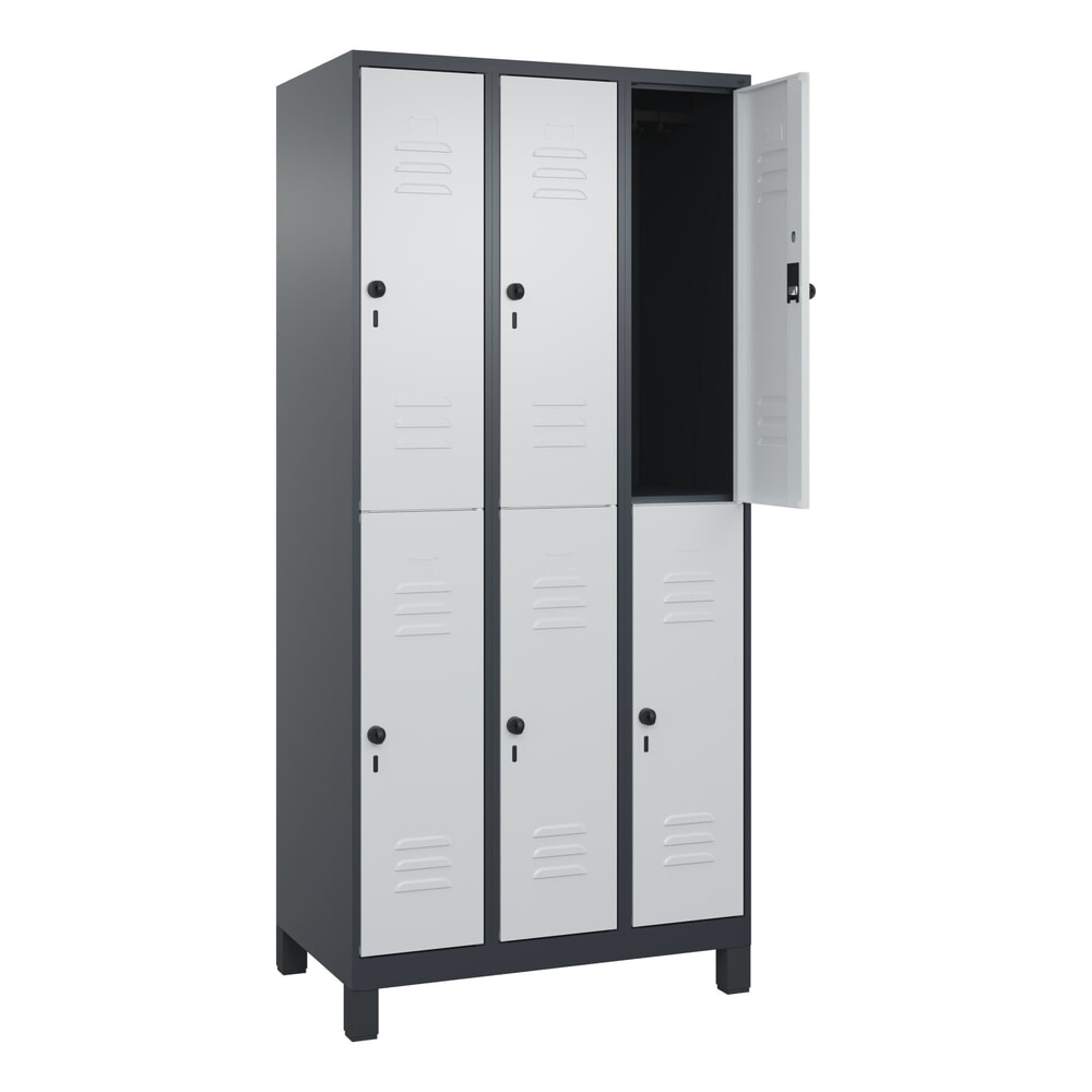 C+P Doppelstock-Spind Classic PLUS, Füsse, 3 Abteile, HxBxT 1.950 x 900 x 500 mm, anthrazitgrau, lichtgrau, 6 Fächer, für Vorhängeschloss
