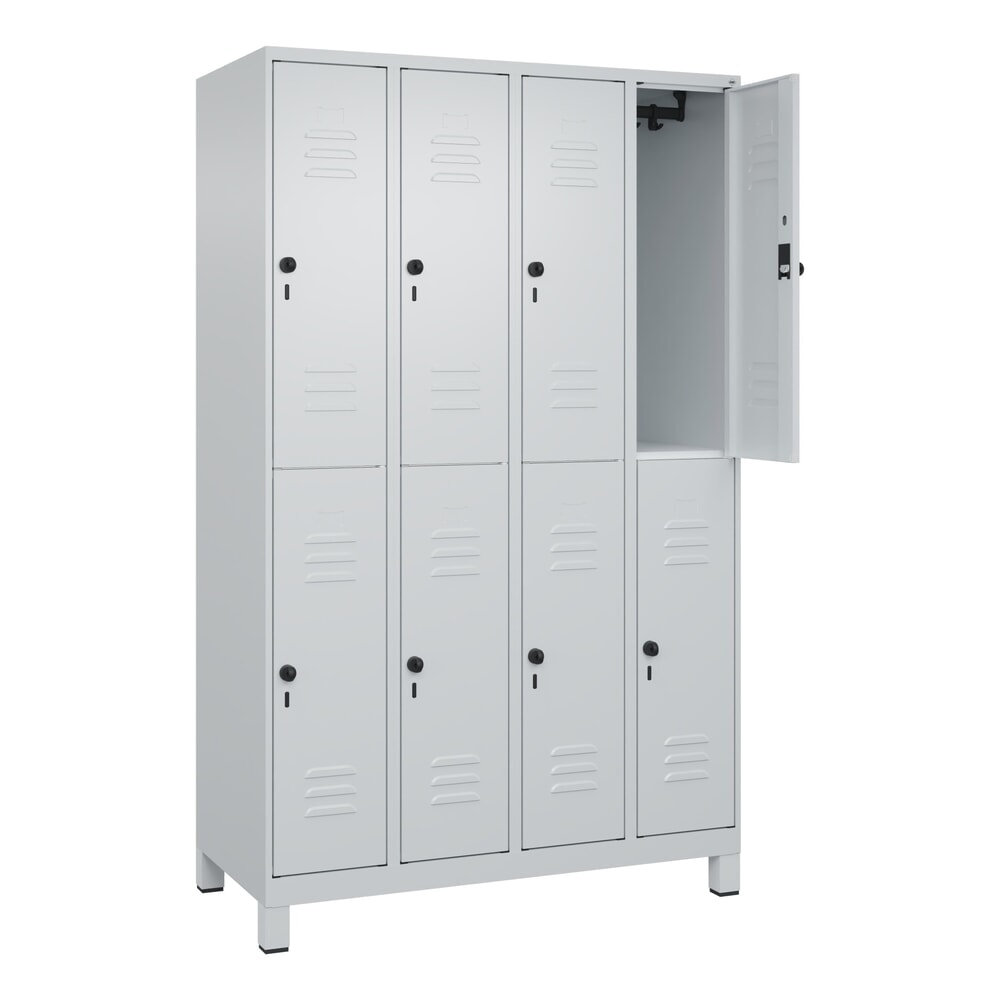 C+P Doppelstock-Spind Classic PLUS, Füsse, 4 Abteile, HxBxT 1.950 x 1.200 x 500 mm, lichtgrau, lichtgrau, 8 Fächer, für Vorhängeschloss