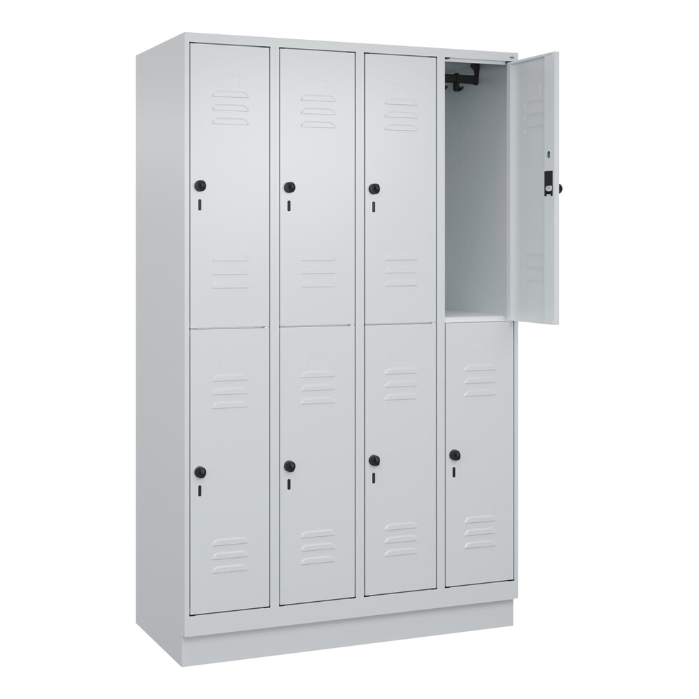 C+P Doppelstock-Spind Classic PLUS, Sockel, 4 Abteile, HxBxT 1.950 x 1.200 x 500 mm, lichtgrau, lichtgrau, 8 Fächer, für Vorhängeschloss