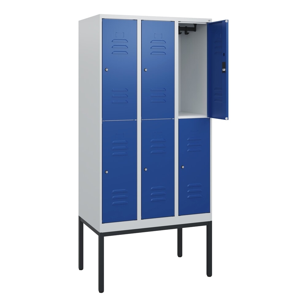C+P Doppelstock-Spind Classic PLUS, Gestell, 3 Abteile, HxBxT 1.950 x 900 x 500 mm, lichtgrau, enzianblau, Zylinderschloss, 6 Fächer