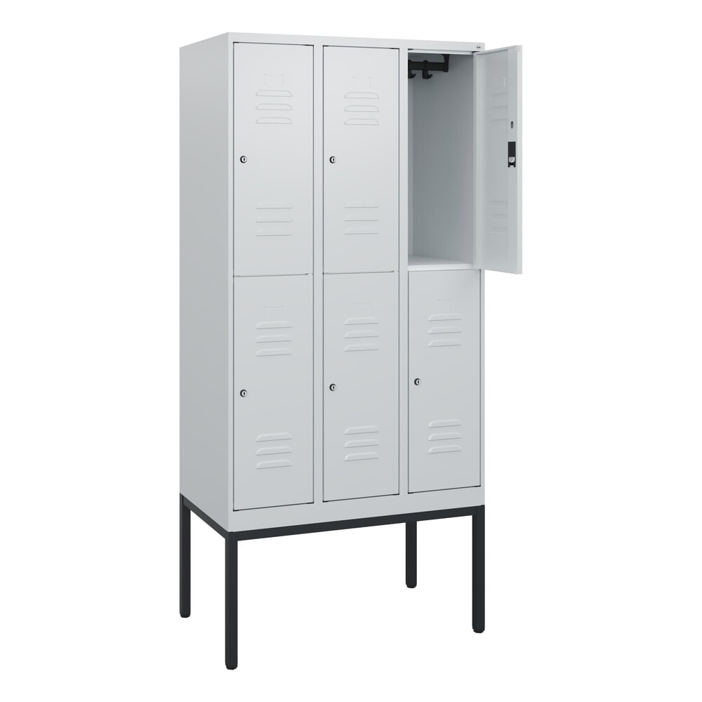 C+P Doppelstock-Spind Classic PLUS, Gestell, 3 Abteile, HxBxT 1.950 x 900 x 500 mm, lichtgrau, lichtgrau, Zylinderschloss, 6 Fächer