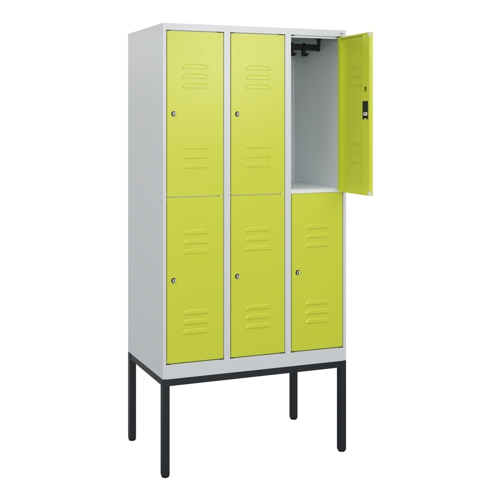 C+P Doppelstock-Spind Classic PLUS, Gestell, 3 Abteile, HxBxT 1.950 x 900 x 500 mm, lichtgrau, clowngrün, Zylinderschloss, 6 Fächer