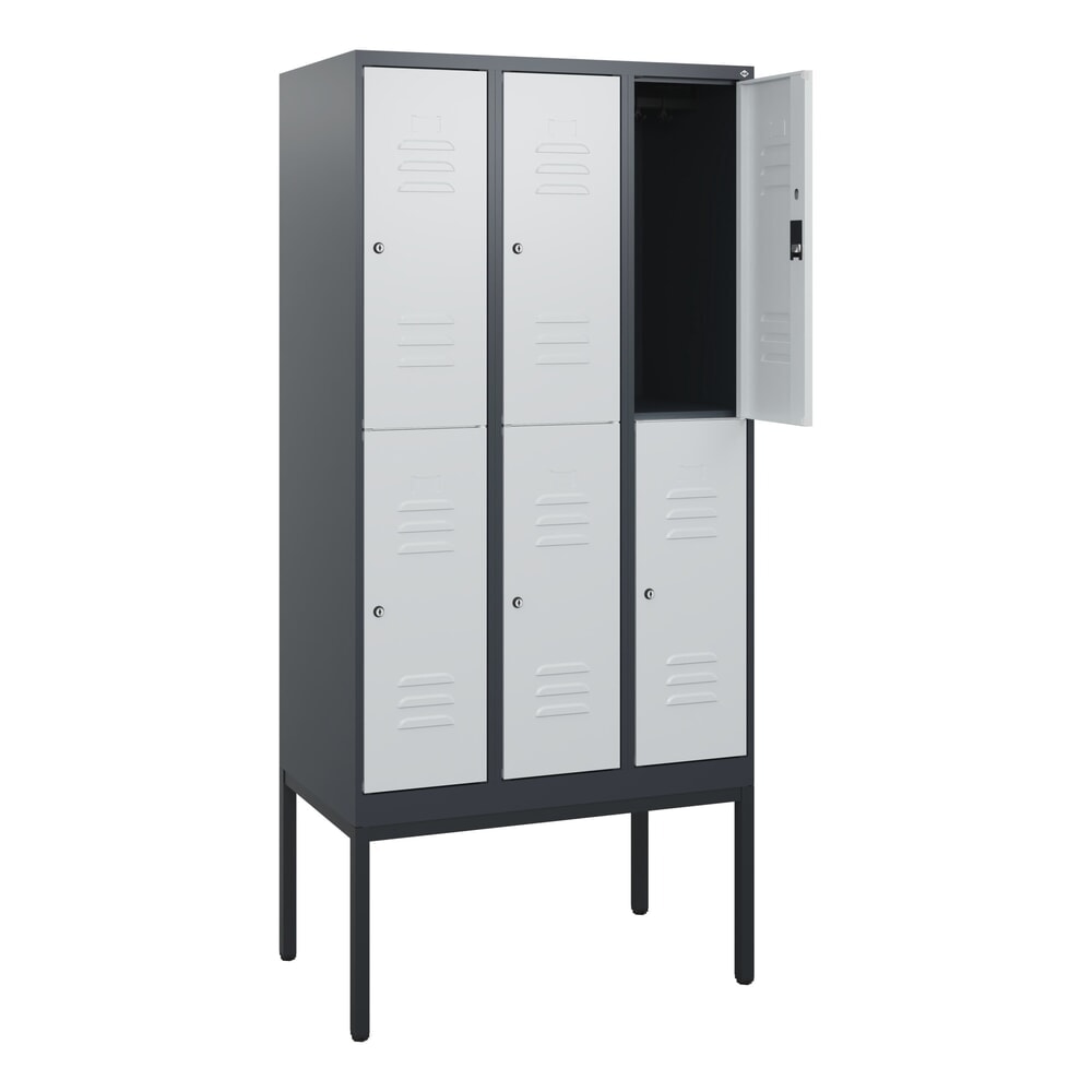 C+P Doppelstock-Spind Classic PLUS, Gestell, 3 Abteile, HxBxT 1.950 x 900 x 500 mm, anthrazitgrau, lichtgrau, Zylinderschloss, 6 Fächer