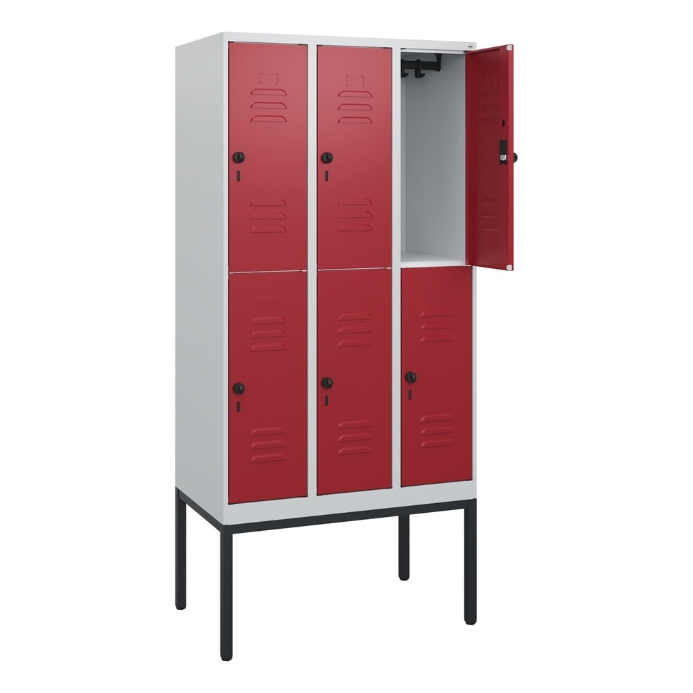 C+P Doppelstock-Spind Classic PLUS, Gestell, 3 Abteile, HxBxT 1.950 x 900 x 500 mm, lichtgrau, rubinrot, für Vorhängeschloss, 6 Fächer