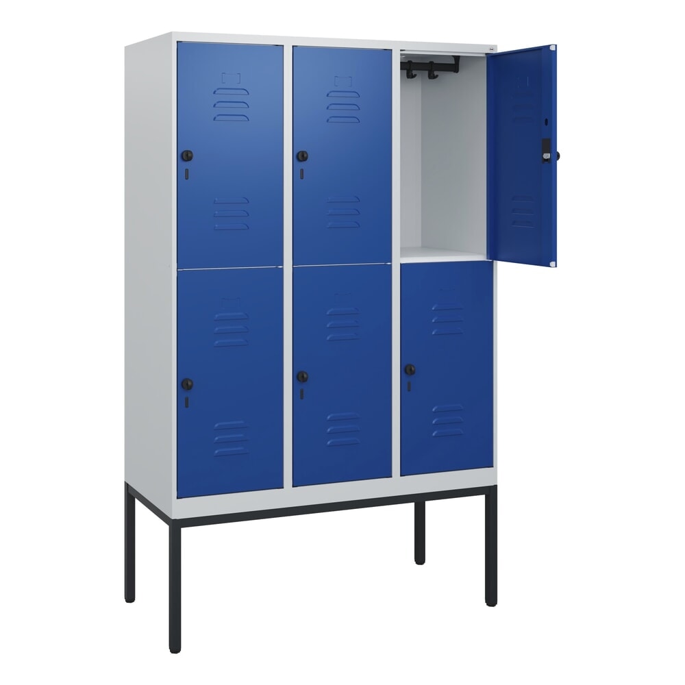 C+P Doppelstock-Spind Classic PLUS, Gestell, 3 Abteile, HxBxT 1.950 x 1.200 x 500 mm, lichtgrau, enzianblau, für Vorhängeschloss, 6 Fächer