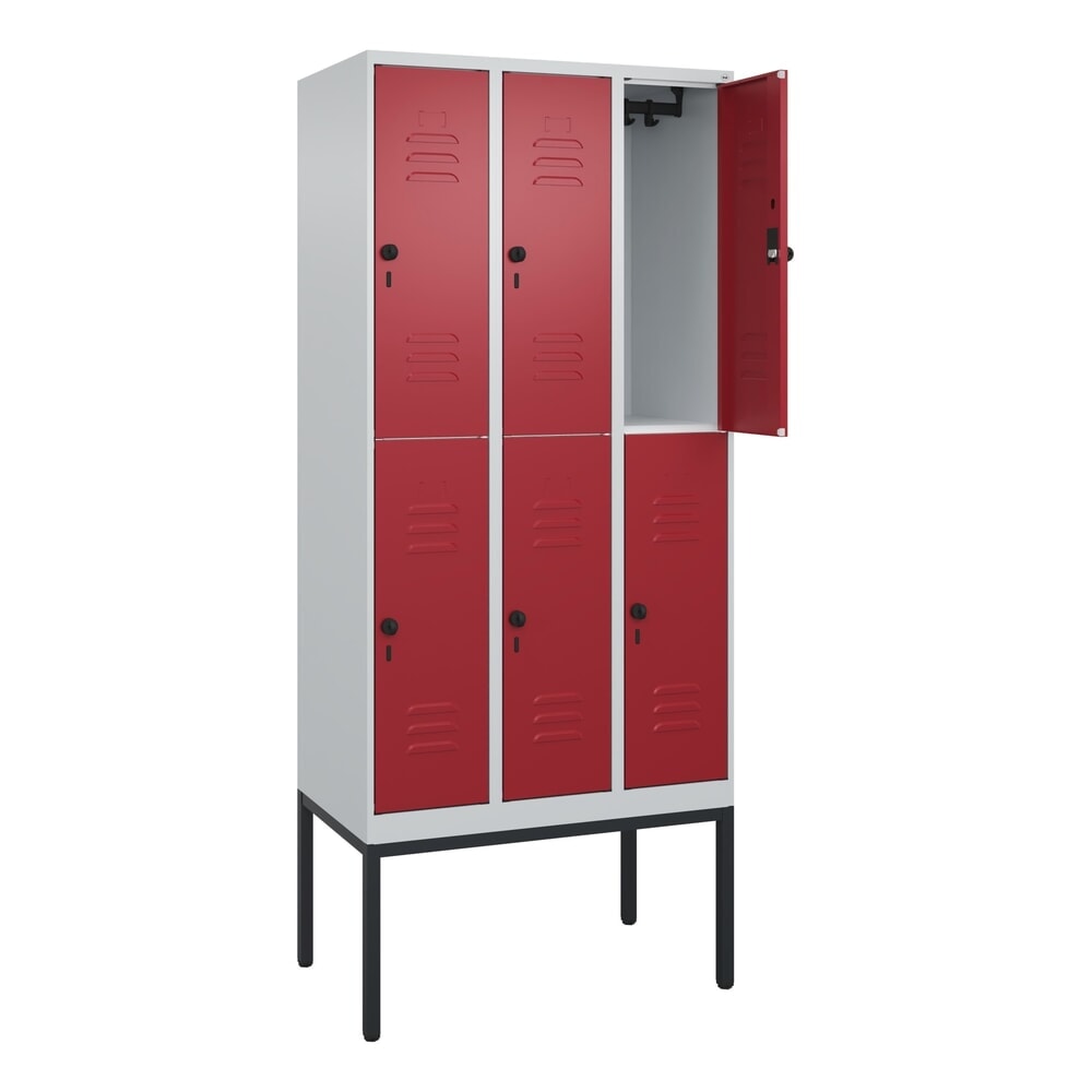 C+P Doppelstock-Spind Classic PLUS, Gestell, 3 Abteile, HxBxT 2.120 x 900 x 500 mm, lichtgrau, rubinrot, für Vorhängeschloss, 6 Fächer