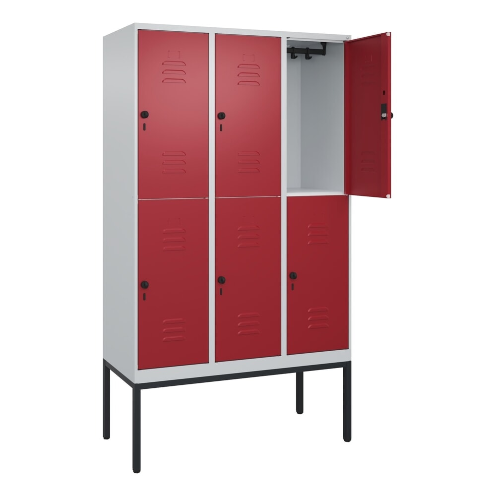 C+P Doppelstock-Spind Classic PLUS, Gestell, 3 Abteile, HxBxT 2.120 x 1.200 x 500 mm, lichtgrau, rubinrot, für Vorhängeschloss, 6 Fächer